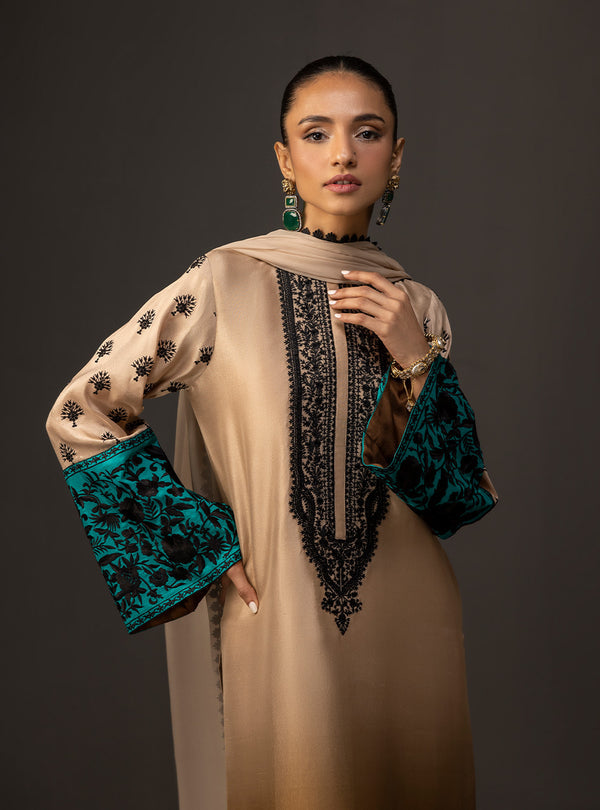 3Piece Unstitched Embroidered and Printed SIlk Suit 229