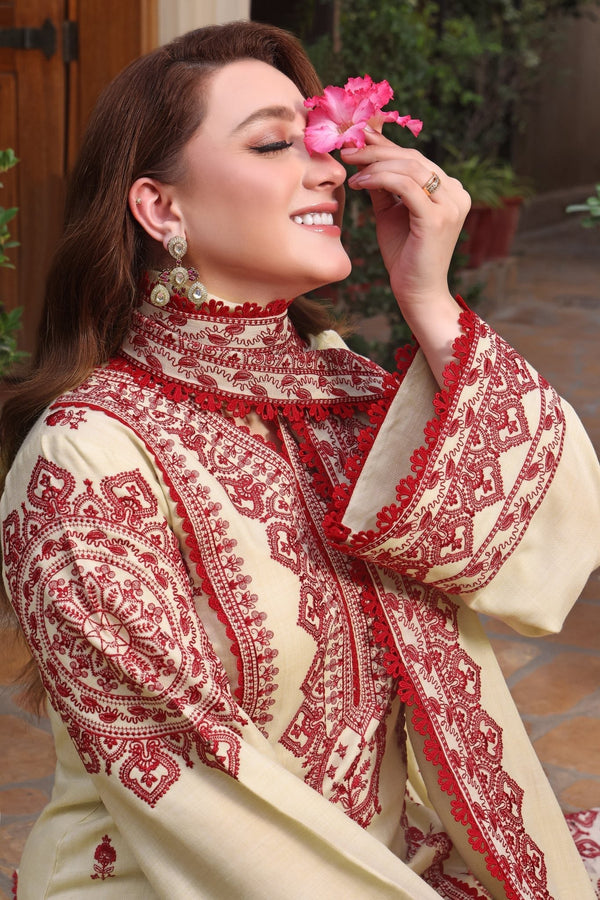 3PC UNSTITCH DHANAK EMBROIDERED SHIRT WITH EMBROIDERED SHAWL & TROUSER- 672