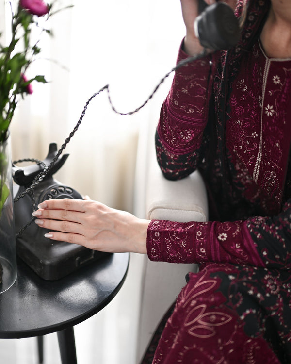 ZAIB-3PC DHANAK EMBROIDERED SHIRT WITH DHANAK EMBROIDERED SHAWL AND TROUSER-63