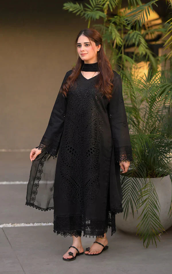 3PC UNSTITCH BLACK LAWN CHIKANKARI EMBROIDERED SUIT-997