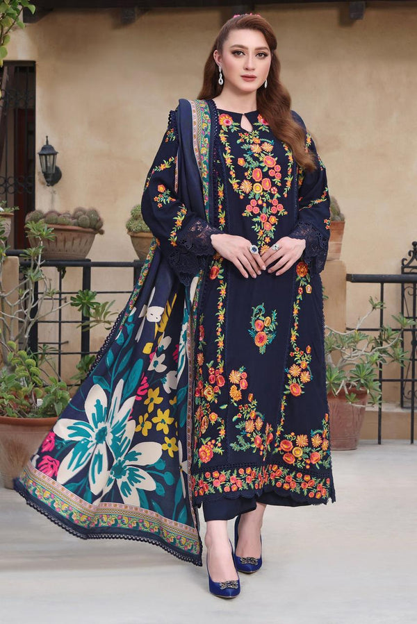 3PC UNSTITCH DHANAK EMBROIDERED SHIRT WITH COURTRAI PRINTED SHAWL & TROUSER - 676