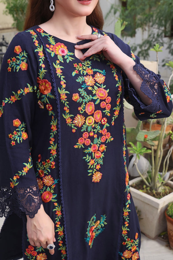 3PC UNSTITCH DHANAK EMBROIDERED SHIRT WITH COURTRAI PRINTED SHAWL & TROUSER - 676