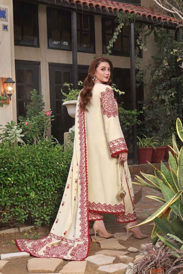3PC UNSTITCH DHANAK EMBROIDERED SHIRT WITH EMBROIDERED SHAWL & TROUSER- 672