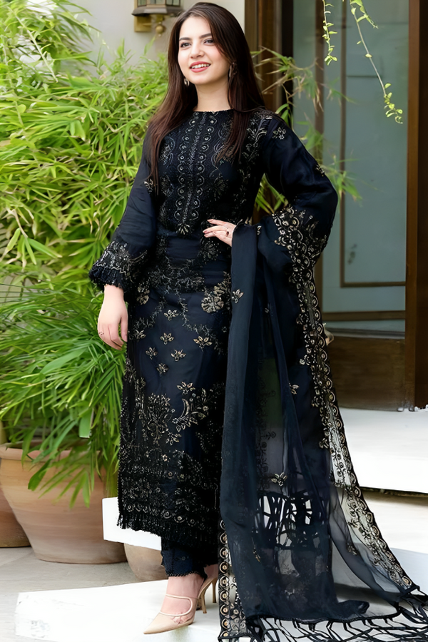 Black Linen Unstitch 3PC Embroidered-1020W